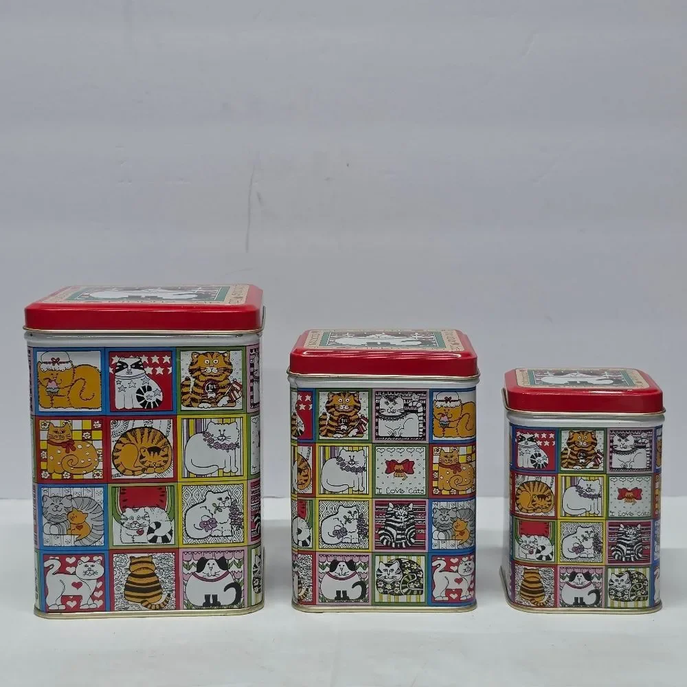 Vintage 80s Enesco By Susan Marie McChesney Cats Metal Container Tins Set Of 3
